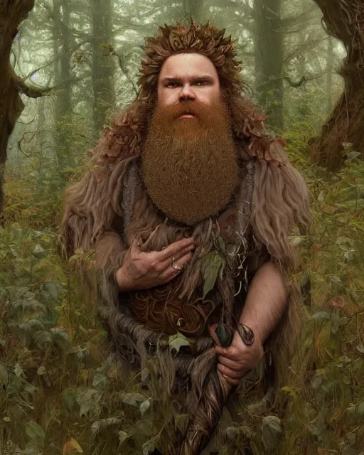 Image similar to patrick rothfuss as forest druid with ram horns and leaves in his beard | highly detailed | very intricate | symmetrical | cinematic lighting | award - winning | closeup portrait | painted by donato giancola and mandy jurgens and charlie bowater | featured on artstation