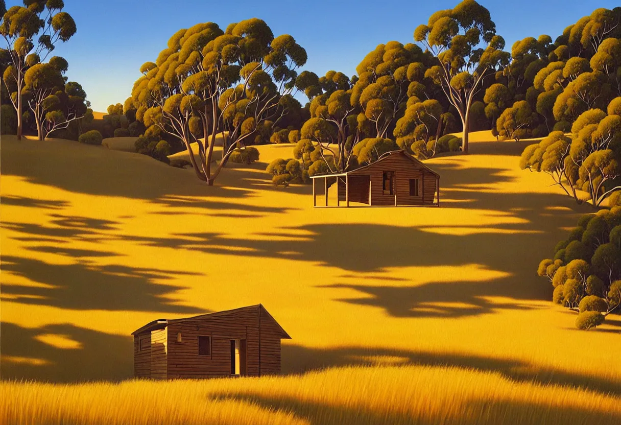 Prompt: a detailed australian wilderness landscape long grass and scattered rock formations, one single small ageing cabin, during spring, golden hour, partly cloudy day, painting by kenton nelson