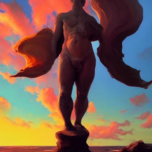 Prompt: colorful peter mohrbacher and andreas rocha impasto!! acrylic painting of a marble statue of a warrior on the shore of a beach with a spectacular sunset overhead. trending on artstation