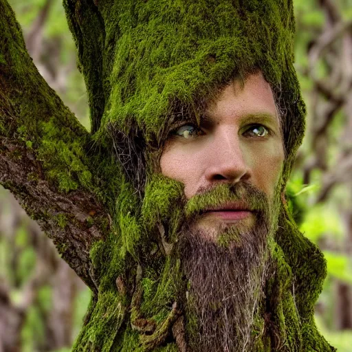 Prompt: a portrait of a tree man, roots, vines, moss