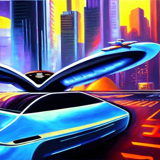 Image similar to flying futuristic taxis in cyberpunk city, oil painting