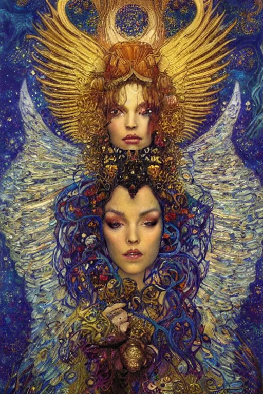 Prompt: Visions of Paradise by Karol Bak, Jean Deville, Gustav Klimt, and Vincent Van Gogh, visionary, otherworldly, fractal structures, infinite angel wings, ornate gilded medieval icon, third eye, spirals, heavenly spiraling clouds with godrays, airy colors, feathery wings