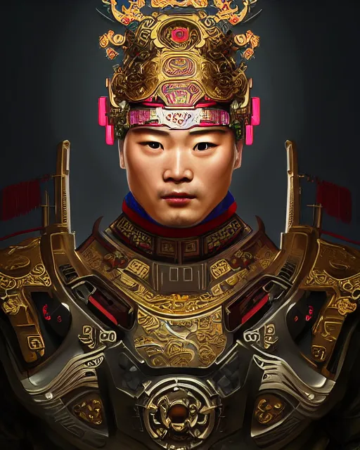 Image similar to portrait of a chinese masculine male cyberpunk machine, machine face, upper half portrait, decorated with chinese opera motifs, muscular arms, asian, fine china, wuxia, traditional chinese art, intricate, elegant, highly detailed symmetry headpiece digital painting artstation concept art smooth sharp focus illustration, art by artgerm and greg rutkowski alphonse mucha 8 k