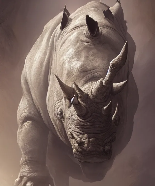 Image similar to A beautiful portrait of an anthropomorphic rhino wearing paladin armor, front facing!!, character design, by Tooth Wu and greg rutkowski and artgerm, hyper realism, high detail, trending on artstation, unreal engine 5, Lumen, 8k, 38mm photography