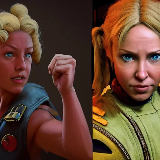 Image similar to kristen schaal as cammy street fighter, long blonde pigtails, ultra realistic, concept art, intricate details, highly detailed, photorealistic, octane render, 8 k, unreal engine, art by frank frazetta, simon bisley, brom