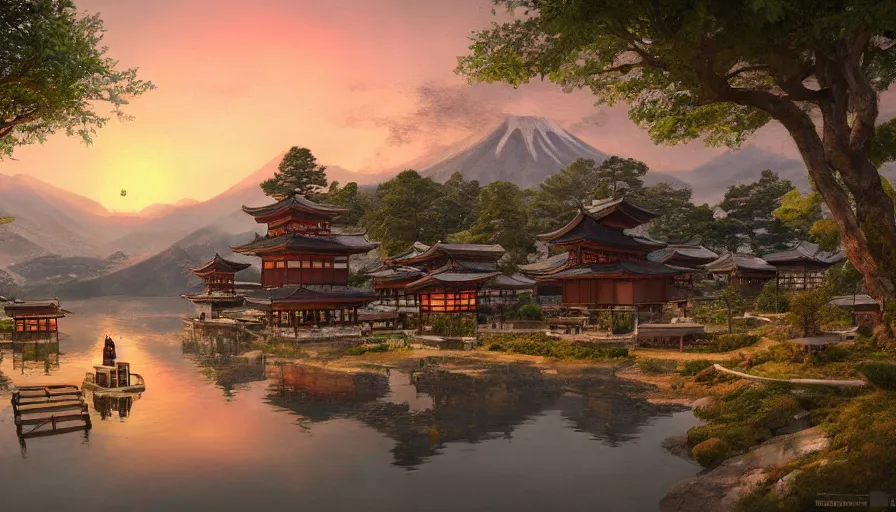 Image similar to japanese village built around a lake with forest at the foot of green gigntic mountains at sunset, fireplace, hyperdetailed, artstation, cgsociety, 8 k