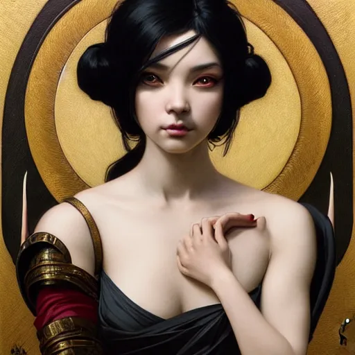 Image similar to Portrait of an divine muse with matte black hair as 2B, asian, D&D, fantasy, intricate, elegant, highly detailed, digital painting, artstation, dark art, concept art, matte, sharp focus, illustration, art by Artgerm and Greg Rutkowski and Alphonse Mucha