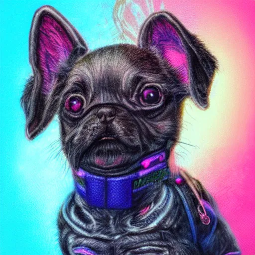 Image similar to Highly detailed pastel painting of a chibi puppy, detailed cyberpunk glitchcore synthwave art, trending on ArtStation