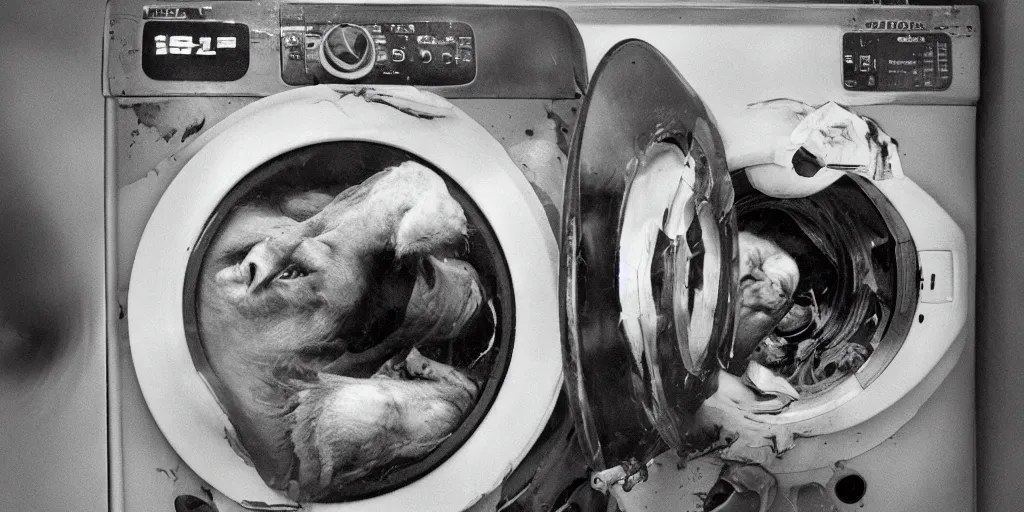 Prompt: a hyper stylised photograph of a man turning into a donkey, he has teeth growing from his eyes and he is spinnig inside a tumble dryer. his body has melted and has dribbled out onto the floor.