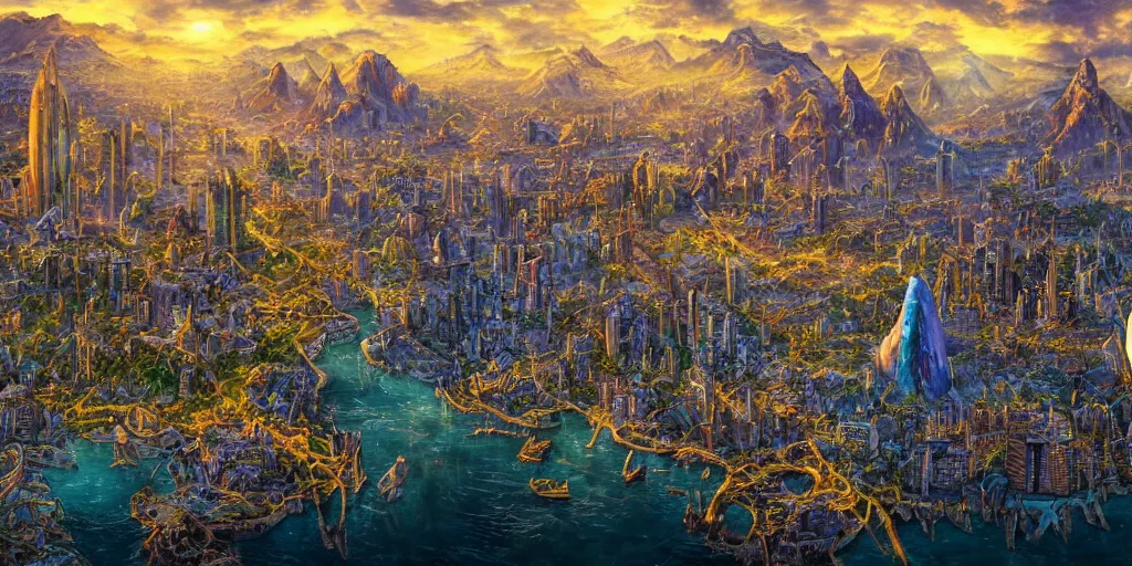 Prompt: balanced fantasy masterpiece, bird's eye vista view, high - tech atlantean civilization, mayan, chrome, gold, amethyst, highrise city, extremely detailed, distant mountains, bright clouds, luminous sky, bright cinematic lighting, michael cheval, michael whelan, airbrush digital oil painting, vray, 8 k hd