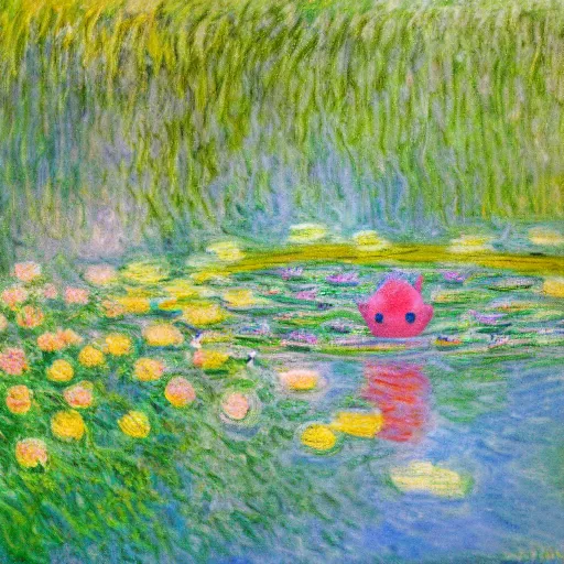 Prompt: pikachu laying relaxed near a lake surrounded by flowers, claude monet style, cloudy weather