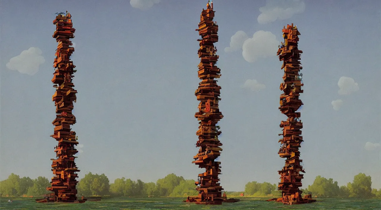 Prompt: single flooded simple wooden totem tower, very coherent and colorful high contrast!! masterpiece by rene magritte simon stalenhag carl spitzweg syd mead norman rockwell edward hopper james gilleard, minimalist, dark shadows, sunny day, hard lighting