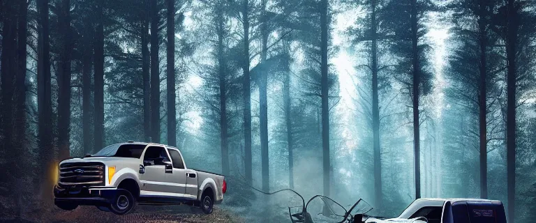 Prompt: navy blue Ford F-250 super duty pickup truck (2018), an epic fantasy, dramatic lighting, cinematic, establishing shot, extremely high detail, photorealistic, cinematic lighting, artstation, by simon stalenhag, driving on a forest trail