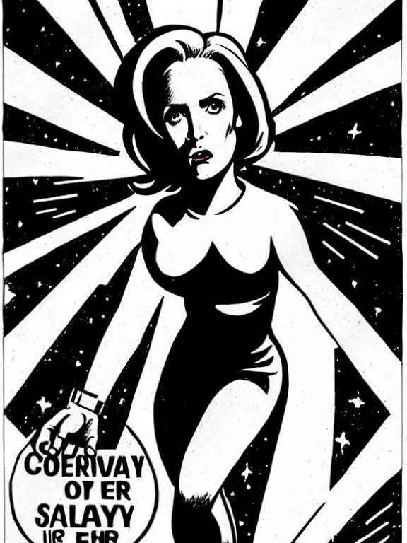 Image similar to dana scully illustrated by jack kirby, floating, hand outstretched, energy effects, power cosmic, poster, pen - and - ink illustration, kirby inks