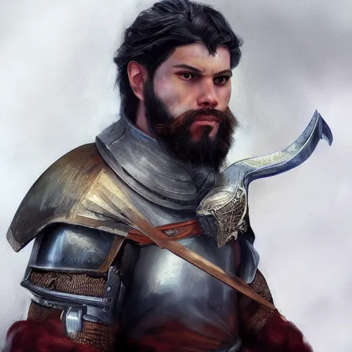 Image similar to hyper realistic portrait of a human fighter folk hero with a talking great sword, focus on face, fantasy, medieval, intricate details, heroic pose, cinematic, tall, trending on artstation, in the style of D&D