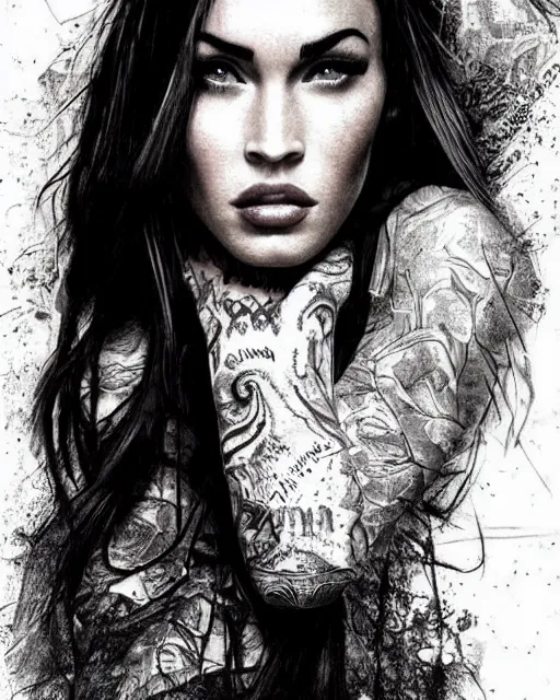 Image similar to realism tattoo design sketch of megan fox face blended with beautiful mountain scenery, in the style of dan mountford, double exposure photography, hyper realistic, amazing detail, black and white