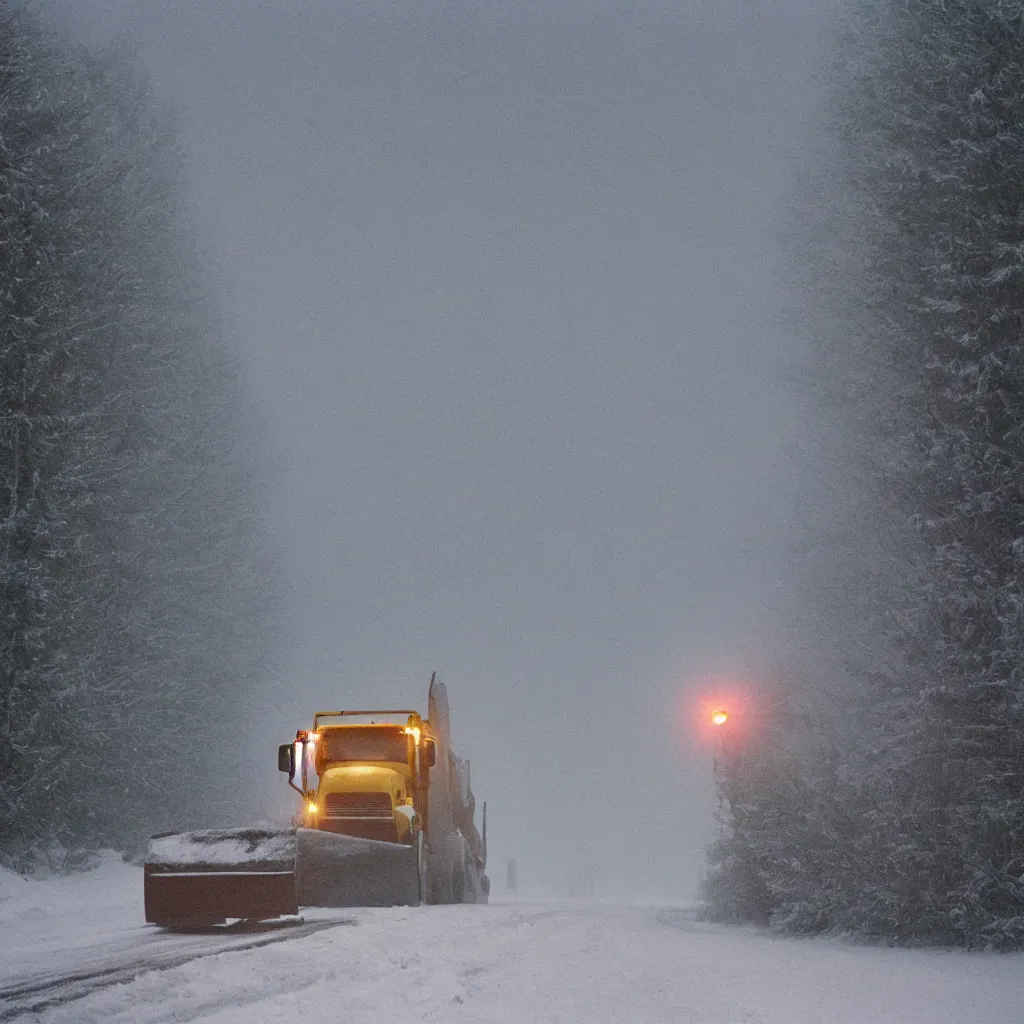 Image similar to photo, big snow plow truck is in the distance with a bright headlighta. cold color temperature, snow storm. hazy atmosphere. humidity haze. kodak ektachrome, greenish expired film, award winning, low contrast,