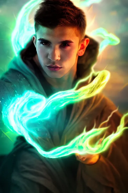 Prompt: a human elemental sorcerer, mountainous setting, colorful magic effects, male, white skin, portrait, young, sharp focus, concept art, dynamic lighting, by emylie boivin