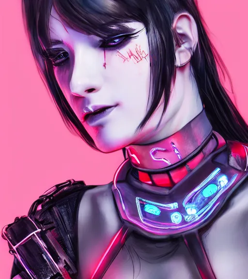 Image similar to detailed realistic female character cyberpunk wearing thick steel collar around neck, realistic, art, beautiful, 4K, collar, choker, collar around neck, punk, artstation, detailed, female, woman, choker, cyberpunk, neon, punk, collar, choker, collar around neck, thick collar, tight around neck, punk, neon,