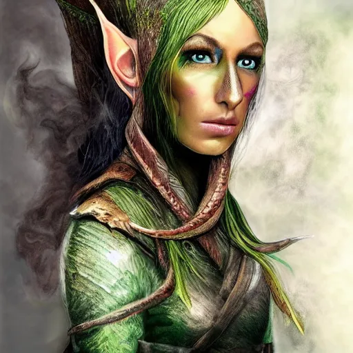 Image similar to a realistic portrait of a female elven warrior, made out of colored smoke