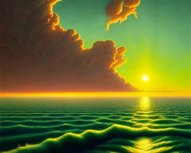 Prompt: the sun rising just above the horizon over the sea by josan gonzalez and tim hildebrandt and jonathan solter and ted withers and gil elvgren and sydney prior hall and greg rutkowski and roberto ferri, green water, highly detailed, high contrast, intricate details, blended palette, trending on art station, stunning visuals, creative, cinematic