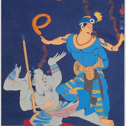 Prompt: muscular genie with blue skin covered in oil in Style of korean traditional folktale painting by Shin Yun-bok; Sin Yun-bok ; 8k resolution