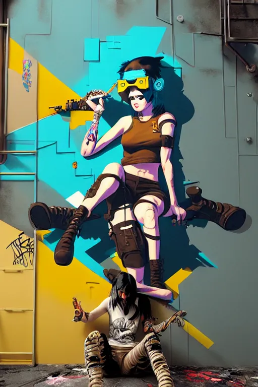 Image similar to punk girl sitting on extreme 3 d graffiti tag mural maximalism by atey ghailan, by greg rutkowski, by greg tocchini, by james gilliard, by joe fenton, yellow, brown, black and cyan color scheme, octane render