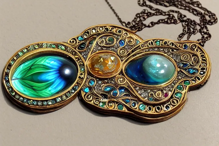 Prompt: highly detailed oil painting, very realistic gemstones, symmetrical, art nouveau, ornate, delicate, brilliant colors of the sea gemstone necklace, dramatic light,