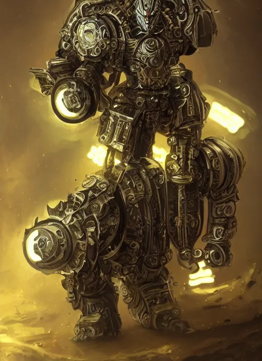 Image similar to full body, attack position abstract portrait of a intricate ornate holy mechanical warforged with circular glowing eye, character in yellow armor holding a legendary paladin engraved great longsword with a metal blade drawn and carrying a huge heavy paladin shield, vertically flat head, face in focus, epic , trending on ArtStation, masterpiece, cinematic lighting, by Ross Tran and by Greg Rutkowski