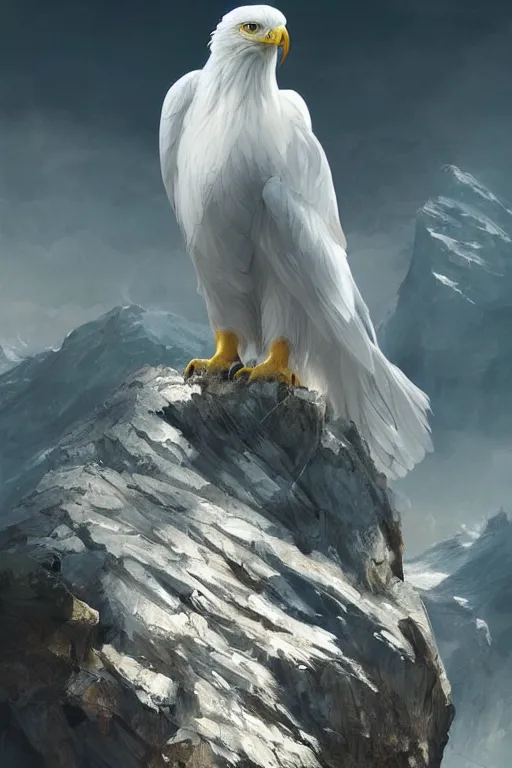 Image similar to portrait of majestic white eagle on his Nest in the mountains, Single face, dramatic lighting, cinematic, establishing shot, extremly high detail, photo realistic, cinematic lighting, post processed, concept art, artstation, matte painting, style by eddie mendoza, raphael lacoste, alex ross