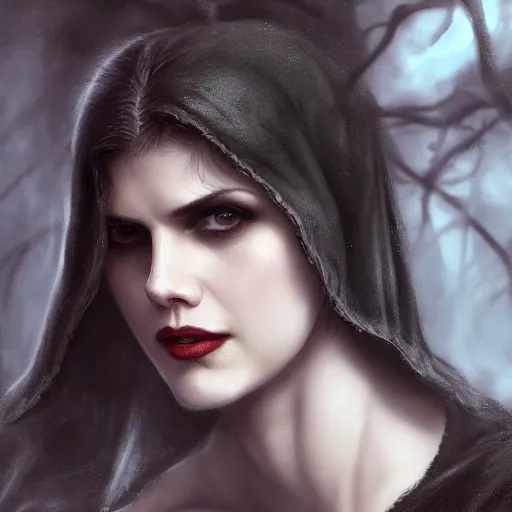 Image similar to Alexandra Daddario, beautiful vampire mistress dressed in a black cloak, by Stanley Artgerm Lau