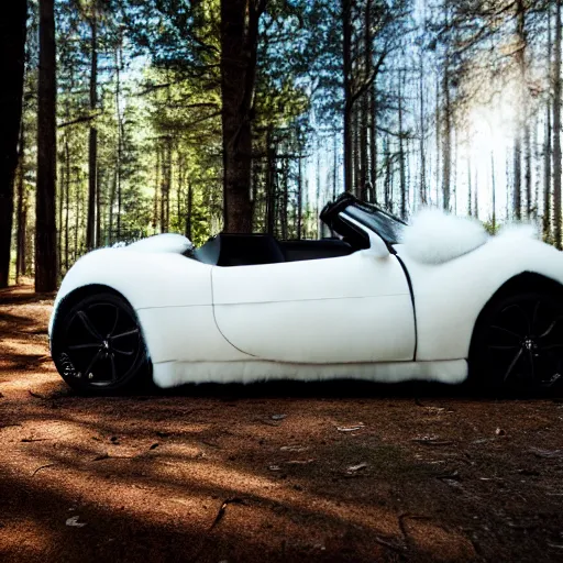 Image similar to a fluffy roadster covered with white fur parking in the forest, warm light, front view, centered, 4k, hd, highly detailed