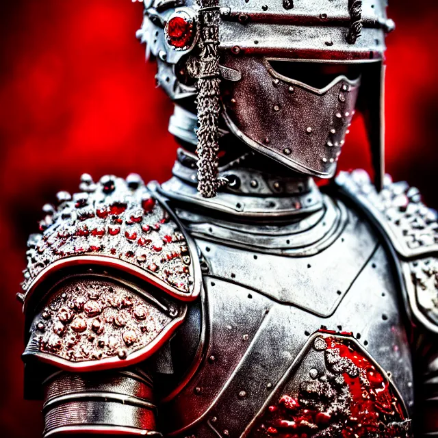 Prompt: photo of a warrior with ruby encrusted armour highly detailed 8 k hdr smooth sharp focus high resolution award - winning photo dslr 5 0 mm