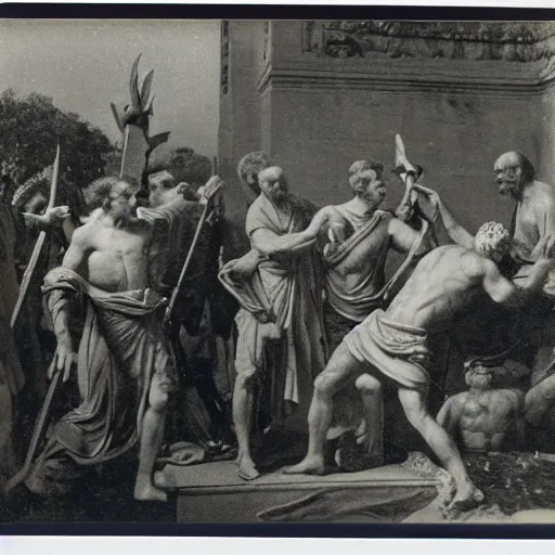 Prompt: a polaroid photograph of Roman Senators stabbing Julius Caesar in the back