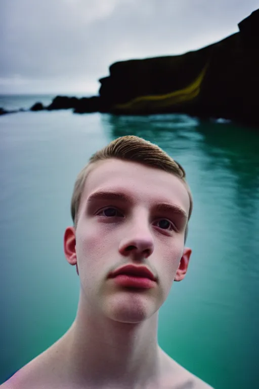 Image similar to high quality pastel coloured film mid angle docu photograph of a beautiful young 2 0 year old male, soft features, short black hair, extremely oversized clothing!! next to icelandic black rock pool environment. atmospheric. three point light. photographic. art directed. ( pastel colours ). volumetric light. clearcoat. waves glitch. 8 k. filmic.