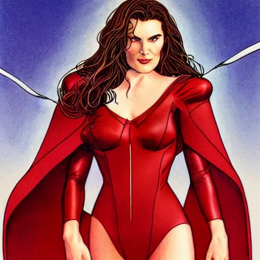 Image similar to Brooke Shields as Scarlet Witch by the artist Jenny Frison.