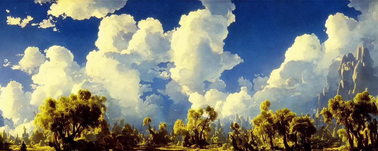 Image similar to disney illustrated background of blue sky huge clouds by eugene von guerard, ivan shishkin, john singer sargent