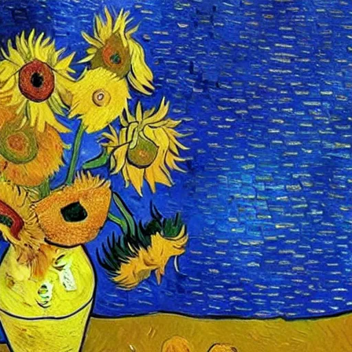 Image similar to van gogh sits in the dark room and painting his sunflowers art