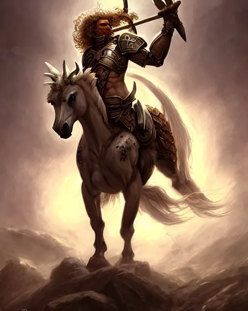 Image similar to centaur centaur centaur chimera :: Paladin, fearsome, beautiful, DnD character art portrait, mythical creature, human male chest and head with horse body, plate armor, matte fantasy painting, DeviantArt Artstation, by Jason Felix by Steve Argyle by Tyler Jacobson by Peter Mohrbacher, cinematic lighting.