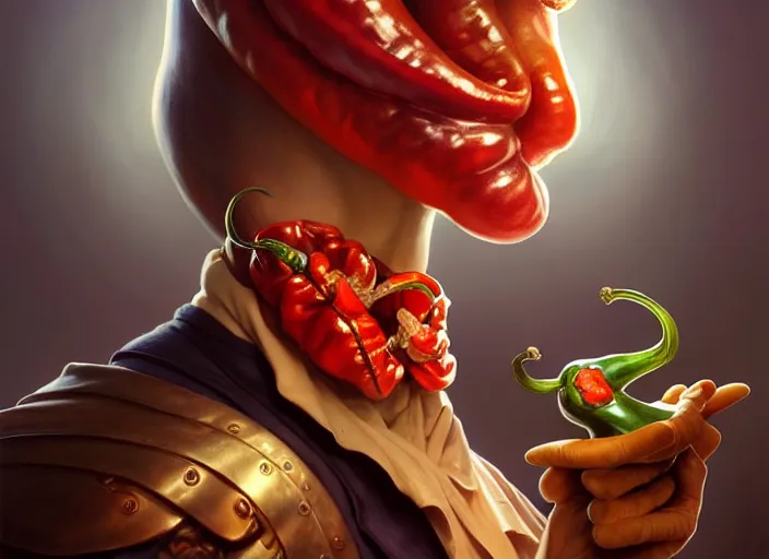 Image similar to anthropomorphic pepper doctor, diffuse lighting, fantasy, hospital background, intricate, elegant, highly detailed, lifelike, photorealistic, digital painting, artstation, illustration, concept art, smooth, sharp focus, art by frank frazetta and marco bucci and loish and rossdraws and artgerm and alphonse mucha