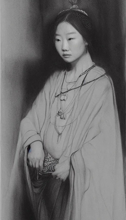 Prompt: model yoon young as the high priestess, by rembrandt, black and white graphite drawing, smooth render, 3 / 4 view