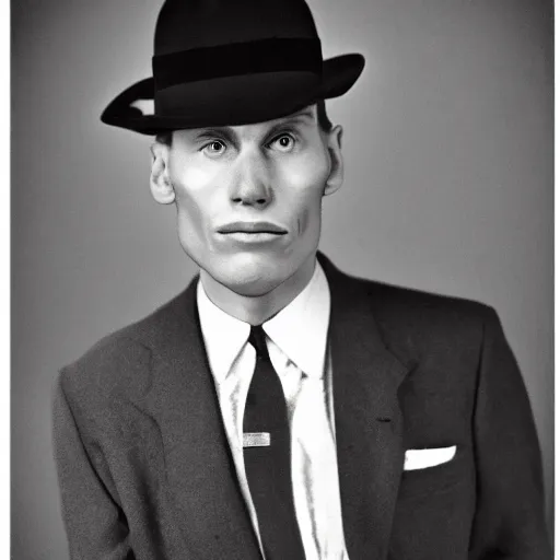 Image similar to A photograph portrait of Jerma985 wearing a suit with and fedora in the 1940s, taken in the early 1940s, grainy, taken on a 940s Kodak Camera, realistic, hyperrealistic, very realistic, highly detailed, very detailed, extremely detailed, detailed, digital art, trending on artstation