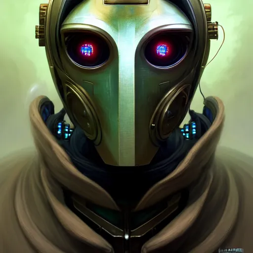 Image similar to front shot of a cyberpunk gazmask robot character, intricate, elegant, highly detailed, centered, digital painting, artstation, concept art, smooth, sharp focus, illustration, artgerm, Tomasz Alen Kopera, Peter Mohrbacher, donato giancola, Joseph Christian Leyendecker, WLOP, Boris Vallejo