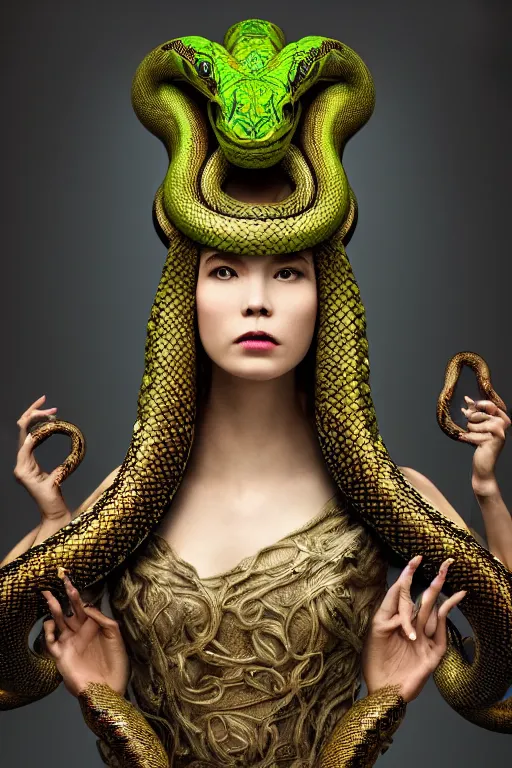 Image similar to a beautiful empress portrait, with a brilliant, impossible striking big Snake headpiece, clothes made of snakes, everything snakes, boa, symmetrical, dramatic studio lighting, rococo, baroque, greens, asian, hyperrealism, closeup, D&D, fantasy, intricate, elegant, highly detailed, digital painting, artstation, octane render, 8k, concept art, matte, sharp focus, illustration, art by Artgerm and Greg Rutkowski and Alphonse Mucha