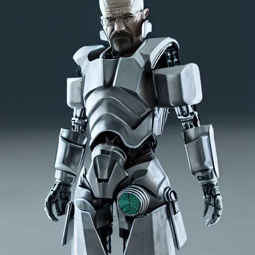 Image similar to Photo of Walter White in cybernetic battle armour, 4k octane render, highly detailed