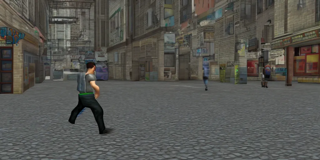 Image similar to glitchy PS1 game, third person, man walking through city