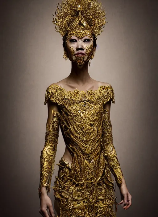 Image similar to a portrait of thai female by stefan geselle and nekro borja, photorealistic, intricate details, hyper realistic, fantasy, elegant, baroque gold headpiece, photorealistic, canon r 3, photography, wide shot, symmetrical features, symmetrical pose, wide angle shot, head to toe, standing pose, feet on the ground, wearable art