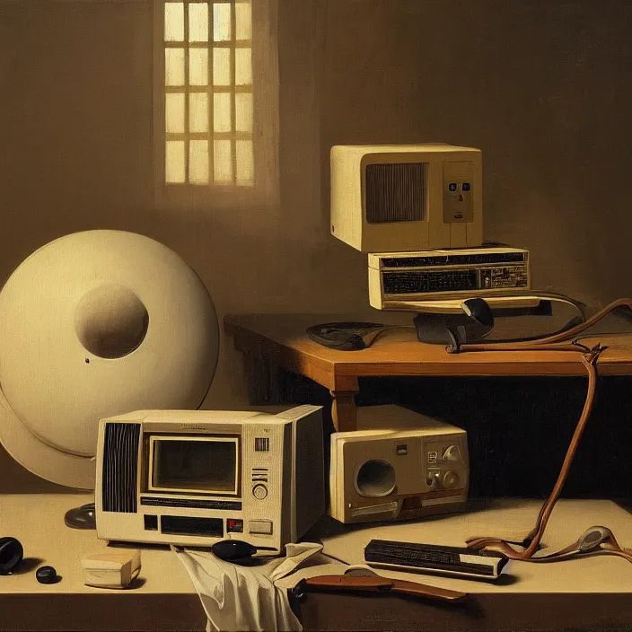 Image similar to still life painting of a retro monitor and a commodore 6 4 by pieter claesz, oil on canvas, strong lighting, highly detailed, hyper realism, golden hour, god rays, hd, 4 k