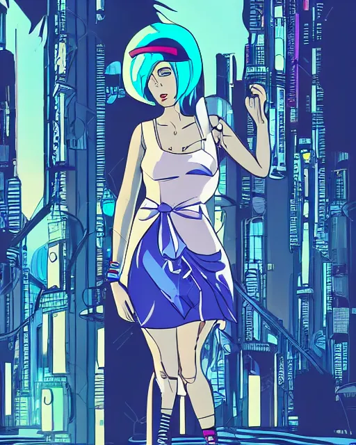 Image similar to cel shaded art of a pretty blue haired girl wearing a dress, cyberpunk city street background