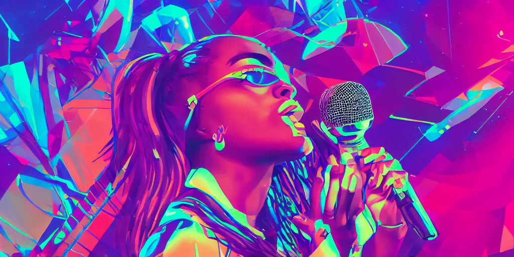 Image similar to lady rapper performing at huge festival holding microphone, epic angle, digital art, vaporwave, psychedelic, surreal, hip hop, trending on Artstation, professional artist, detailed, 4k